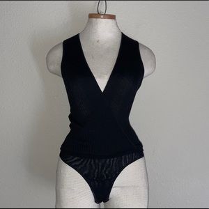 Vintage Cosabella Black Ribbed Plunge Stretchy Bodysuit Sz S ~ Made in Italy.